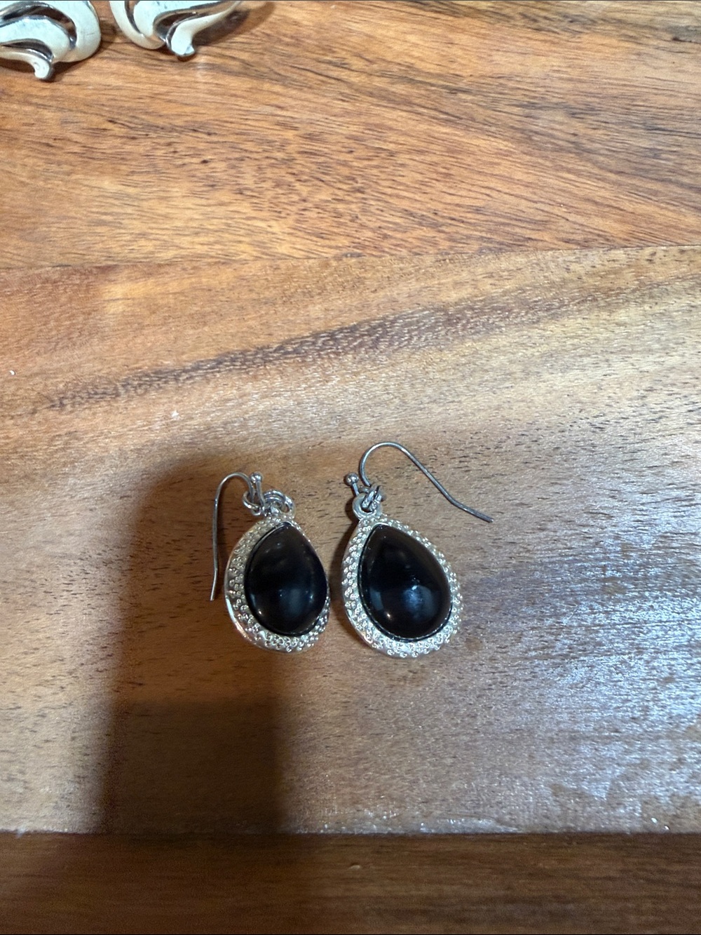 Classic Black Teardrop Drop Earrings with Silver Halo